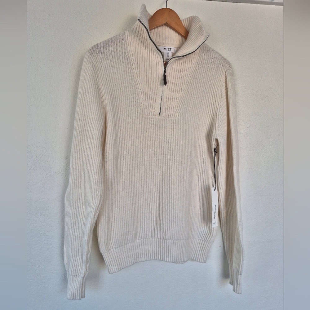 Cotton Wool Blend 1/4 Zip Sweater Cream Coloured Ribbed Knit Small
